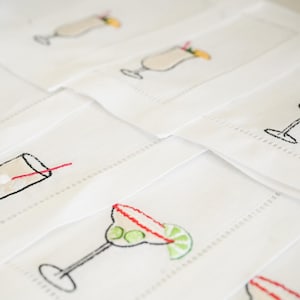 Embroidered Linen Cocktail Napkins – Custom Drink Icon Set for Parties & Bars