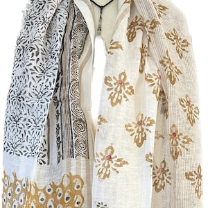 Grande étole voile de lin  imprimée blockprint