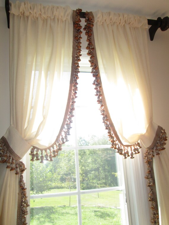 Linen Sheer Curtain Panels W Tassel Trim And Tie Back Etsy