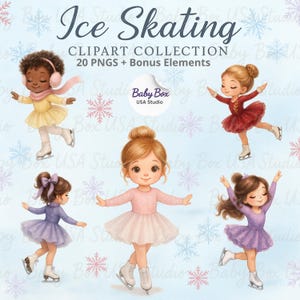 Puede incluir: Una colección de imágenes prediseñadas digitales titulada "Ice Skating" con ilustraciones de niñas patinando sobre hielo. Las niñas visten vestidos coloridos y patines de hielo, con copos de nieve en el fondo. La colección incluye 20 PNG y elementos extra.