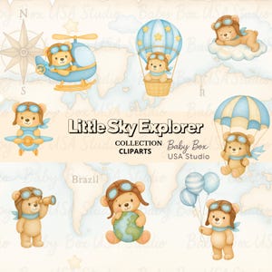 Puede incluir: Una colección de ilustraciones en acuarela con osos de peluche con equipo de aviador. Los osos se representan con varios elementos temáticos de viaje, incluyendo un helicóptero, globo aerostático, avión y paracaídas. También está presente el texto "Little Sky Explorer".