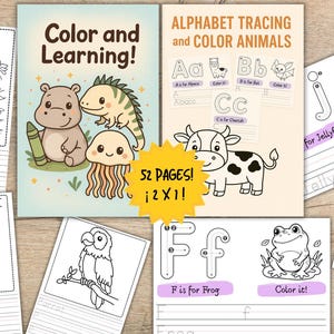 Puede incluir: Una colección de libros infantiles para colorear y trazar el alfabeto. La portada de un libro dice "Color and Learning!" con ilustraciones de animales. Páginas individuales muestran animales como un hipopótamo, un mono y una rana, con letras para trazar.