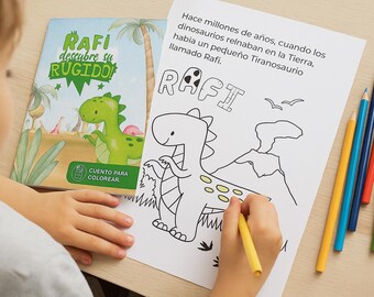 May include: A child is colouring a dinosaur illustration with a yellow pencil. The drawing is on a white sheet of paper with the name "RAFI" and text in Spanish. A book titled "RAFI descubre su RUGIDO" is also visible, along with coloured pencils.