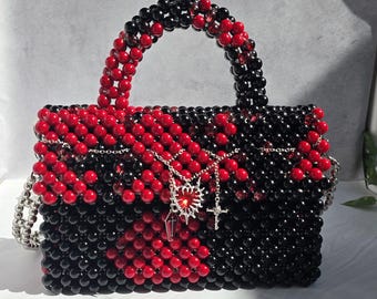 Handmade Red & Black Beaded Bag with Gothic Charm Accents