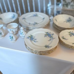 Vintage Royal Albert Forget Me Not Bone China Set: Blue Floral Gold Trim, 21-Piece