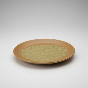 May include: A round, tan-colored plate featuring a central pattern of small, light-green daisy-like flowers. The plate has a smooth, matte finish and a slightly raised rim, with the floral design concentrated in the center of the circular surface.