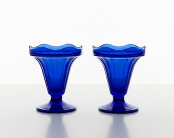Retro Sundae Dish Cobalt Blue Glass – Set of 2 - Vintage - Mid‑Century France