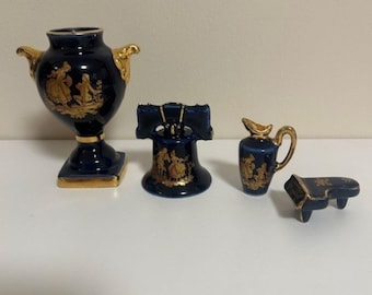 Vintage Limoges Porcelain Miniature Collection – Cobalt Blue & Gold - French Decor - Set of 4