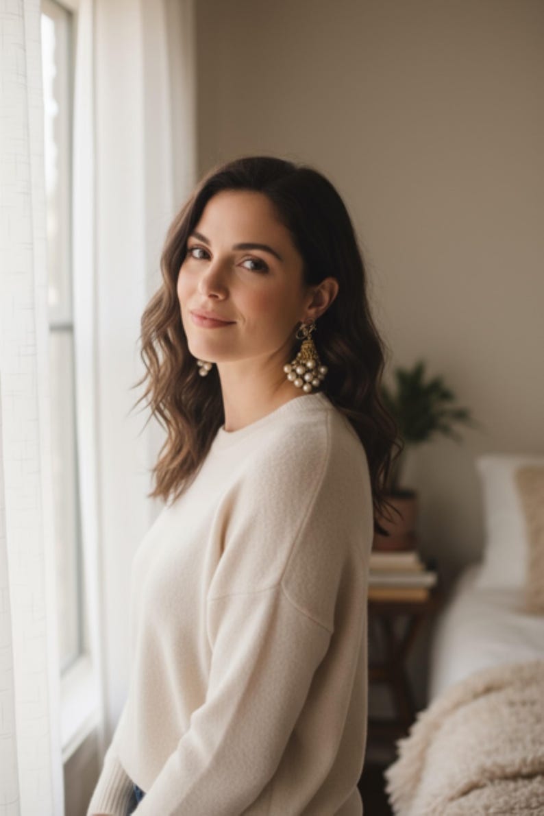 May include: A woman wearing a cream-colored sweater and gold earrings with pearl accents. The earrings are a prominent feature, adding a touch of elegance. The woman is near a window with sheer curtains, and a bed is visible in the background.