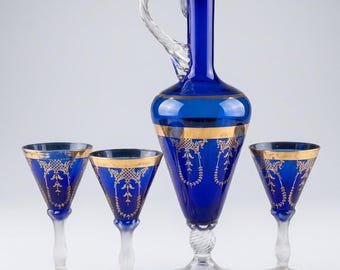 Italian Cobalt Blue & Gold Decanter Set  – Includes 3 Cordial Glasses