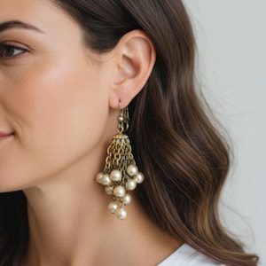May include: Gold-toned chandelier earrings with a cascade of faux pearls. The earrings feature multiple chains and a cluster of off-white pearls, creating a vintage-inspired look. The earrings are designed with a hook closure.