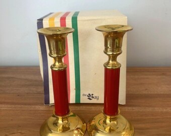 Vintage Hudson’s Bay Brass Red Candlesticks – Mid-Century Canadian Decor (Set of 2)
