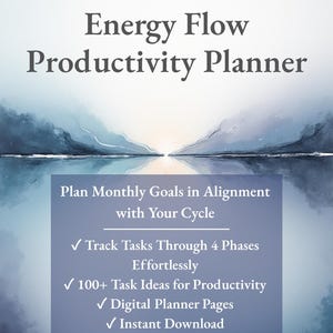 May include: A digital planner with the title "Energy Flow Productivity Planner" against a watercolor landscape background. The planner promises to help users plan monthly goals, track tasks, and offers over 100 task ideas. It includes digital planner pages and instant download.