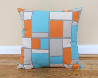 Teal, Orange and Gray Geometric Pillow Covers. 16" x 16" shams fit 18" pillow. Piet Mondrian Vibes.