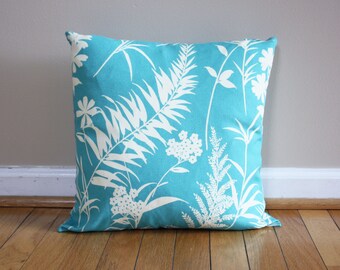 Teal Pillow Cover with Cream Colored Leaves and Flowers. 16" x 16" shams fit 18" pillow.