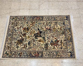 Mondlicht Mughal Jagd-Wandbehang - 182 x 123 cm, 6400 Knoten, Seide & Merinowolle, 29 Farben - Luxuriöse handgefertigte Teppichkunst, handgemachtes Vintage