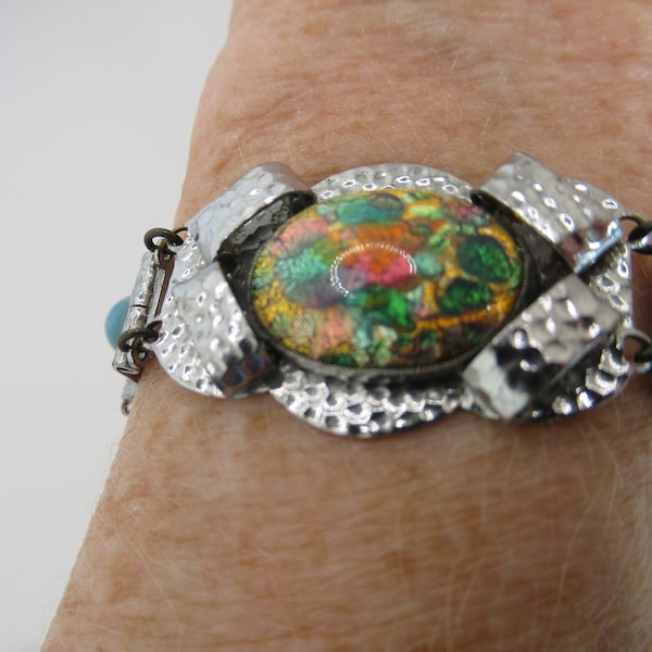 Vintage Bracelet Silver tone Metal and Dragons Breath Faux Opal Cabochon 70's