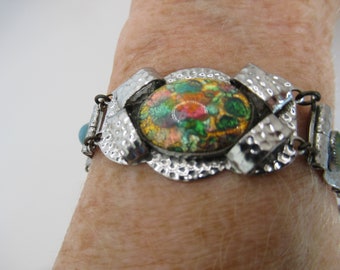 Vintage Bracelet Silver tone Metal and Dragons Breath Faux Opal Cabochon 70's