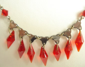 Art Deco Necklace Vintage Red Glass Bead Drops 30's