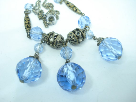 Art Deco Necklace Blue Glass Beads and Rhinestone… - image 3