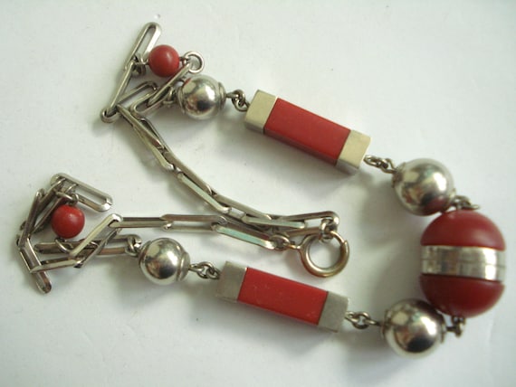 Art Deco Necklace Jakob Bengel Red and Chrome 19