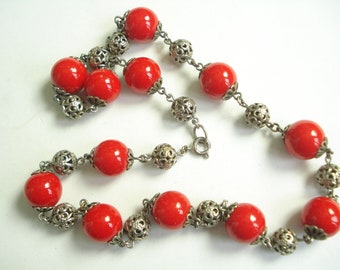 Art Deco Necklace Red Glass and Chrome Filigree Beads 1920's 1930's