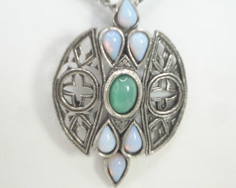 Vintage Pendant and Chain Miracle Green and Faux Opals Scottish Celtic Scottish