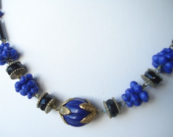 Art Deco Necklace Blue and Black Beads Neiger 1920's 1930's