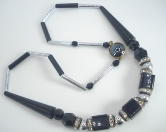Vintage Necklace 50's Western Germany Black and Chrome