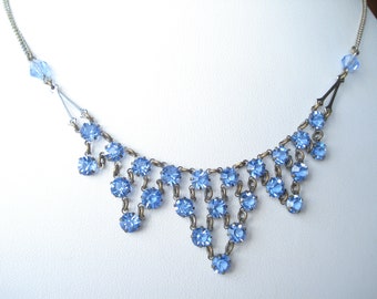 Art Deco Necklace Blue Glass Rhinestones 30's