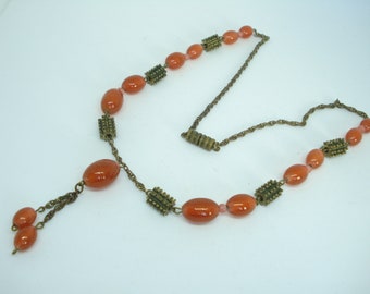 Art Deco Necklace Carnelian Glass and Brass Beads Unusual Links  1920's 1930's