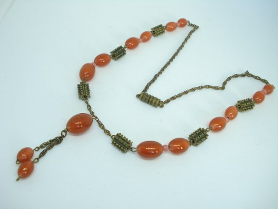 Collier Ancien En Perles De Cornaline Et Verre Bleu - Bijou Vintage Perles