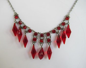 Art Deco Necklace Bright Red Glass and Silver Tone 1920's 1930's