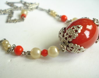 Art Deco Bengel? Necklace Chrome with Red and Faux Pearl Glass  20's 30's