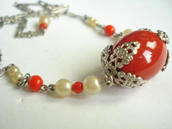 Art Deco Bengel? Necklace Chrome with Red and Fau… - image 1