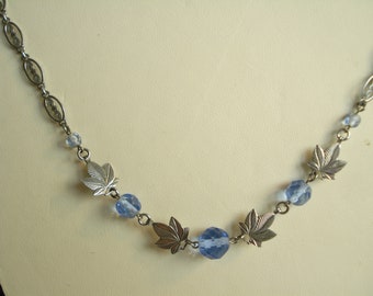 Necklace Art Deco Blue Glass and Chrome Leaves 1920's 1930's Bengel