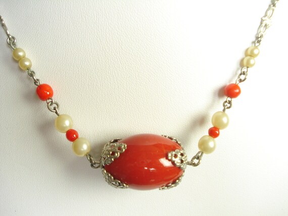 Art Deco Bengel? Necklace Chrome with Red and Fau… - image 6