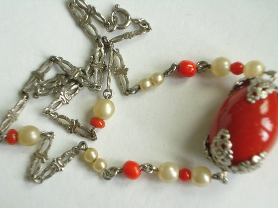 Art Deco Bengel? Necklace Chrome with Red and Fau… - image 3