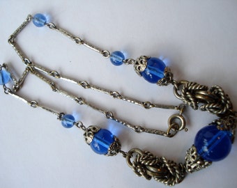 Art Deco Necklace Neiger Chrome and Blue Glass Beads 1920's 1930's