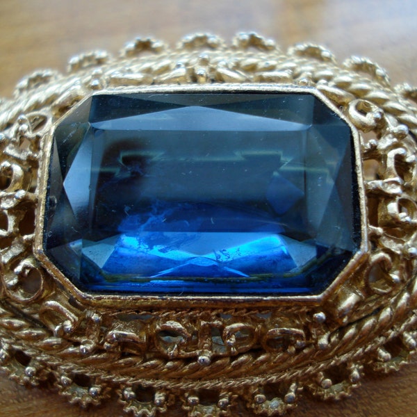 Vintage 50's Brooch Large Blue Glass Rhinestone