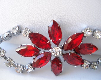 Vintage Bracelet Red and Clear Rhinestones 50's 60's