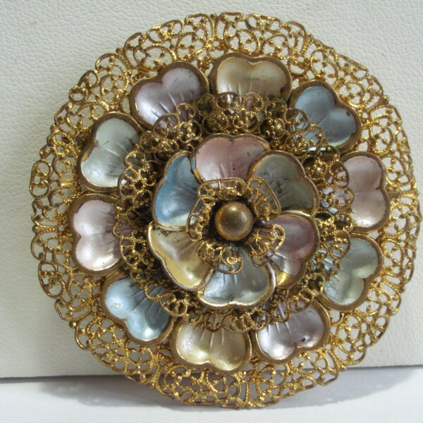 Large Neiger Bros Goldtone Filigree Pastel  Brooch 1930's 1920's