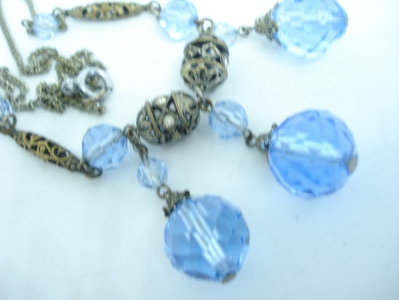 Art Deco Necklace Blue Glass Beads and Rhinestone… - image 2