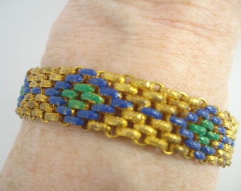 Art Deco Bracelet Jakob Bengel Blue Green and Gold Tone Links30's