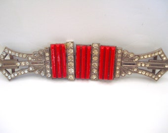 Art Deco Buckle Czech Clear Glass and Red 1920's 1930's