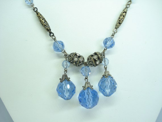 Art Deco Necklace Blue Glass Beads and Rhinestone… - image 1