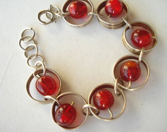 Vintage Bracelet Red Glass Beads and SilverTone Links 60's 50's