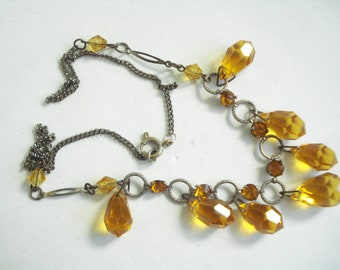 Art Deco Czech Necklace Amber Glass Rhinestones and Drops 1920's 1930's