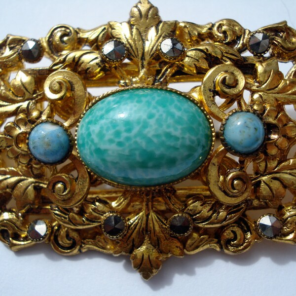 50's Brooch Marcasite and Turquoise Glass