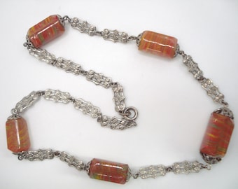 Art Deco Necklace Orange and Green Glass Beads and ornate Metal Links 1920's 1930's